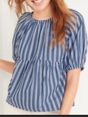 Old Navy Navy and White Striped Puff Sleeve Cotton Top
